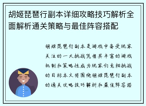 胡姬琵琶行副本详细攻略技巧解析全面解析通关策略与最佳阵容搭配